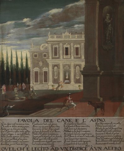 Ilustración de la fábula sobre el perrito y el burro de Unknown